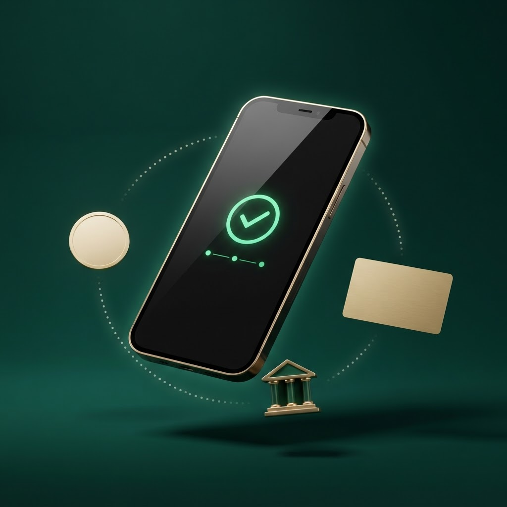A phone showing a completed transfer, surrounded by a bank, a card and a coin representing the ways you can fund it.