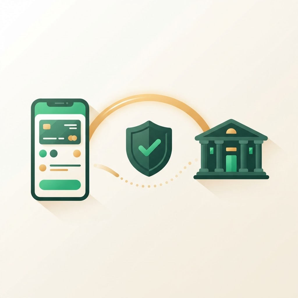 A transfer moving from a phone, through a security checkpoint, to a receiving bank